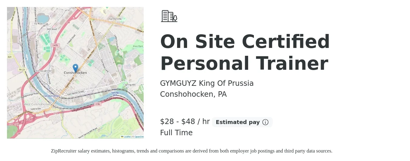 GYMGUYZ King Of Prussia job posting for a On Site Certified Personal Trainer in Conshohocken, PA with a salary of $30 to $50 Hourly with a map of Conshohocken location.