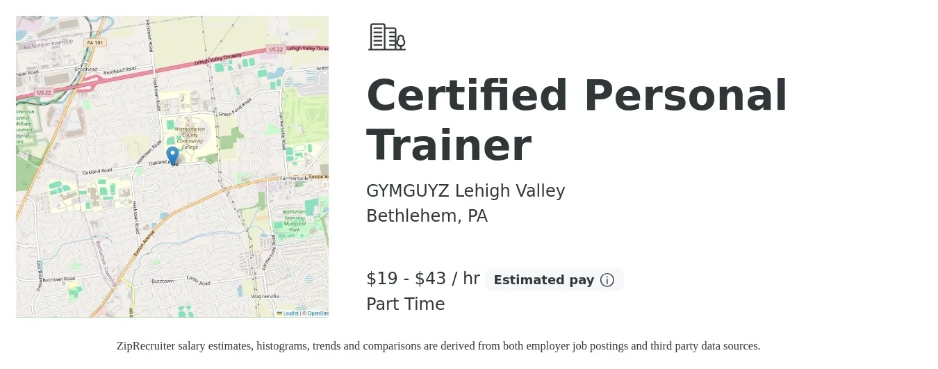 GYMGUYZ Lehigh Valley job posting for a Certified Personal Trainer in Bethlehem, PA with a salary of $20 to $45 Hourly with a map of Bethlehem location.