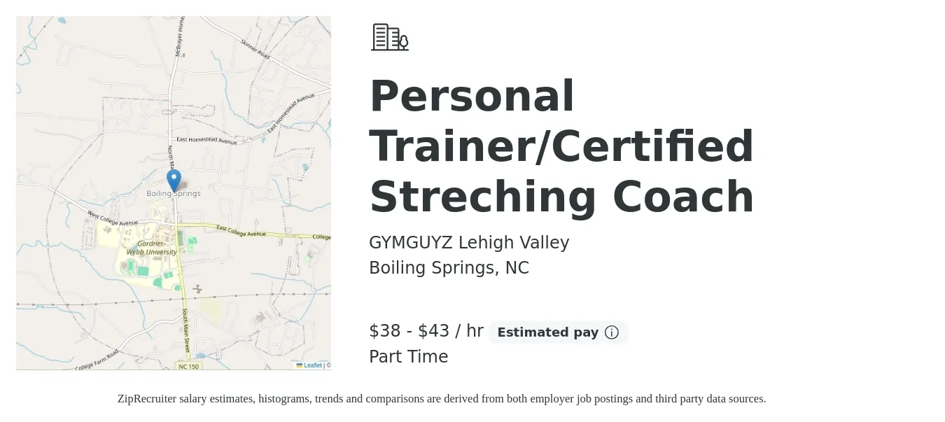 GYMGUYZ Lehigh Valley job posting for a Personal Trainer/Certified Streching Coach in Boiling Springs, NC with a salary of $40 to $45 Hourly with a map of Boiling Springs location.