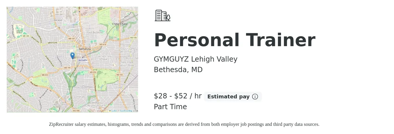 GYMGUYZ Lehigh Valley job posting for a Personal Trainer in Bethesda, MD with a salary of $30 to $55 Hourly with a map of Bethesda location.