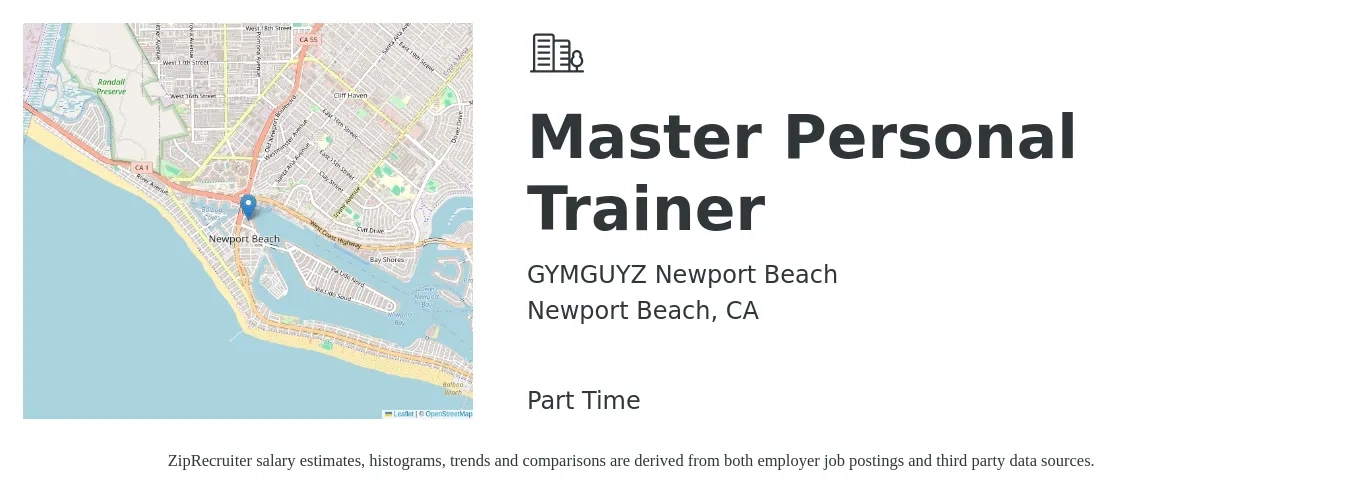 GYMGUYZ Newport Beach job posting for a Master Personal Trainer in Newport Beach, CA with a salary of $22 to $35 Hourly with a map of Newport Beach location.