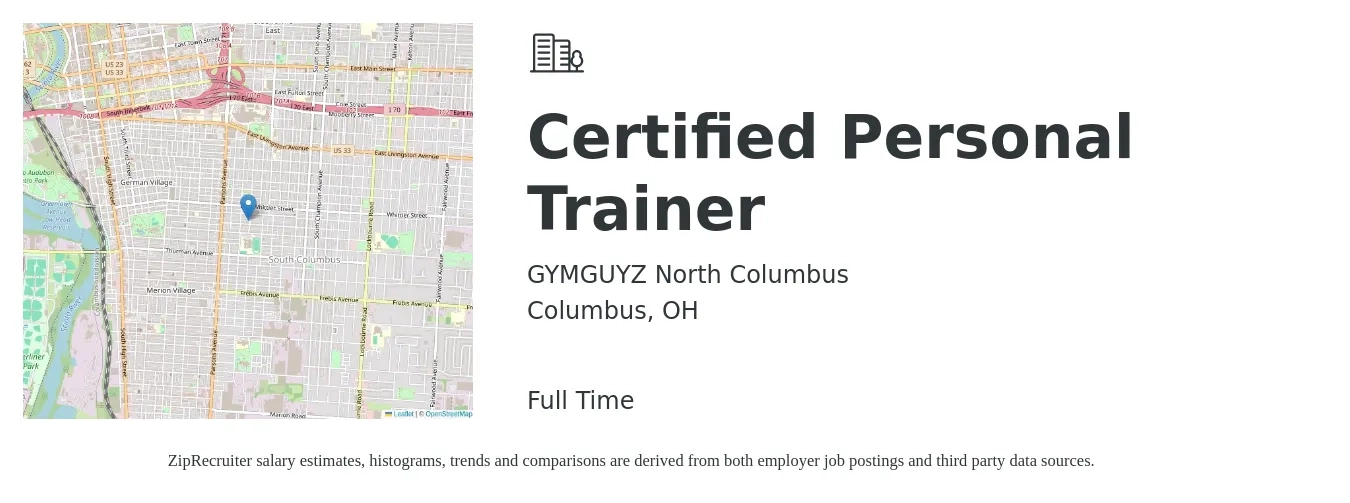GYMGUYZ North Columbus job posting for a Certified Personal Trainer in Columbus, OH with a salary of $30 to $50 Hourly with a map of Columbus location.
