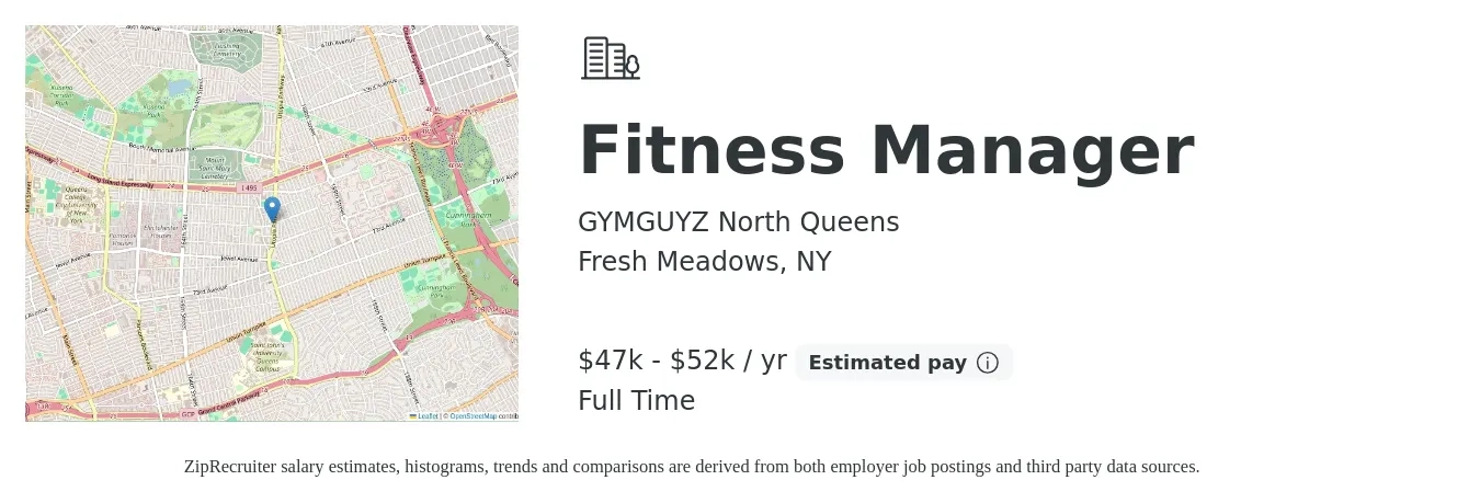 GYMGUYZ North Queens job posting for a Fitness Manager in Fresh Meadows, NY with a salary of $47,000 to $52,000 Yearly with a map of Fresh Meadows location.