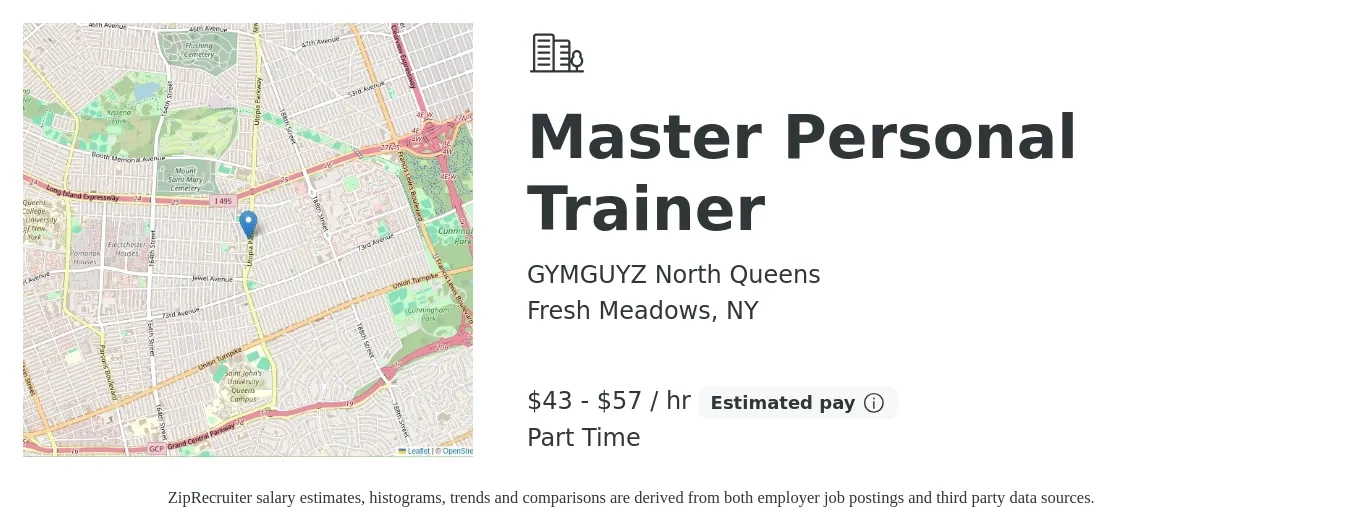 GYMGUYZ North Queens job posting for a Master Personal Trainer in Fresh Meadows, NY with a salary of $45 to $60 Hourly with a map of Fresh Meadows location.