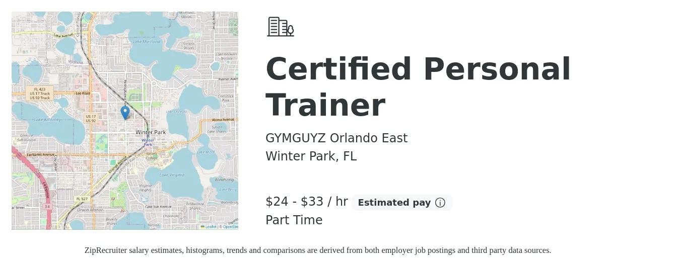 GYMGUYZ Orlando East job posting for a Certified Personal Trainer in Winter Park, FL with a salary of $25 to $35 Hourly with a map of Winter Park location.