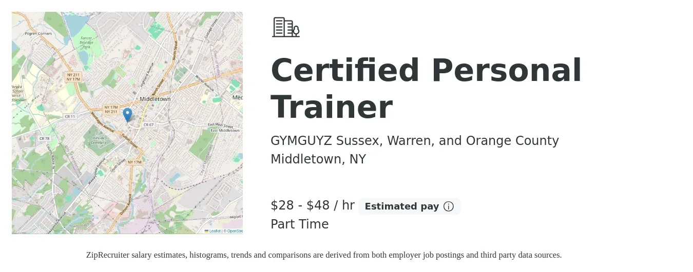 GYMGUYZ Sussex, Warren, and Orange County job posting for a Certified Personal Trainer in Middletown, NY with a salary of $30 to $50 Hourly with a map of Middletown location.