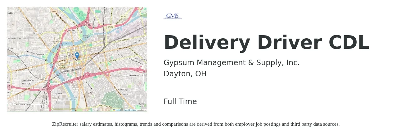 Gypsum Management & Supply, Inc. job posting for a Delivery Driver CDL in Dayton, OH with a salary of $24 to $42 Hourly with a map of Dayton location.