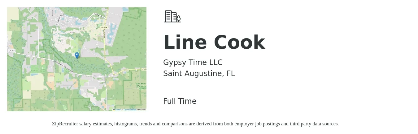 Gypsy Time LLC job posting for a Line Cook in Saint Augustine, FL with a salary of $14 to $17 Hourly with a map of Saint Augustine location.