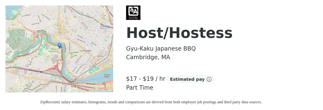 Gyu-Kaku Japanese BBQ job posting for a Host/Hostess in Cambridge, MA with a salary of $18 to $20 Hourly with a map of Cambridge location.