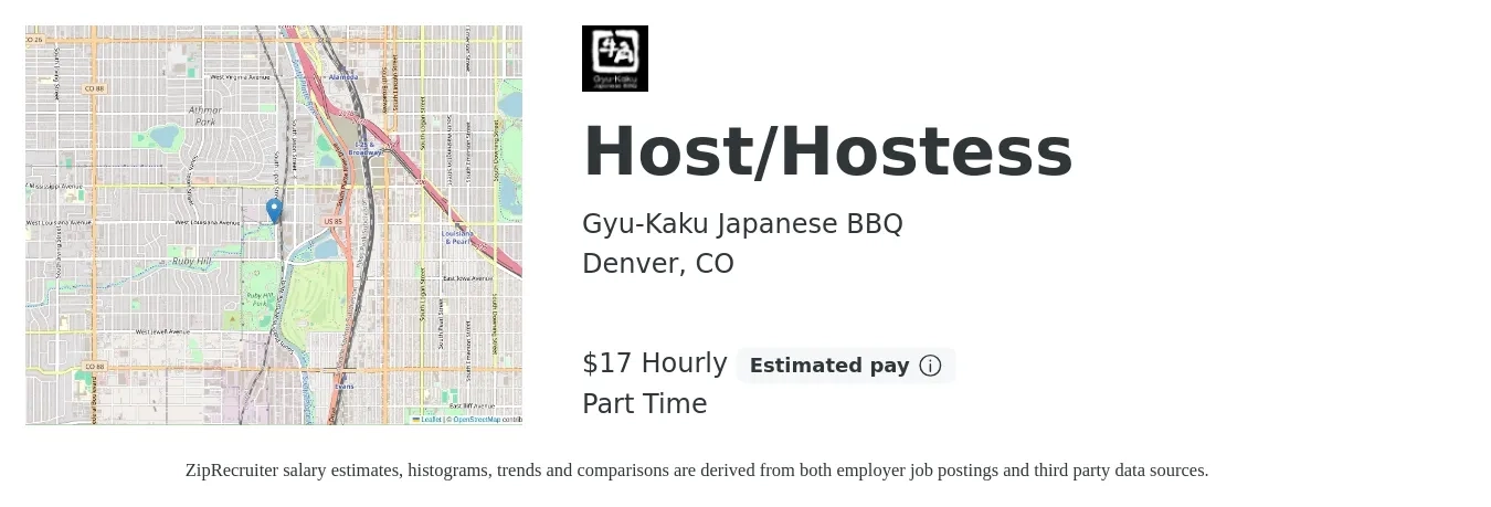 Gyu-Kaku Japanese BBQ job posting for a Host/Hostess in Denver, CO with a salary of $18 Hourly with a map of Denver location.