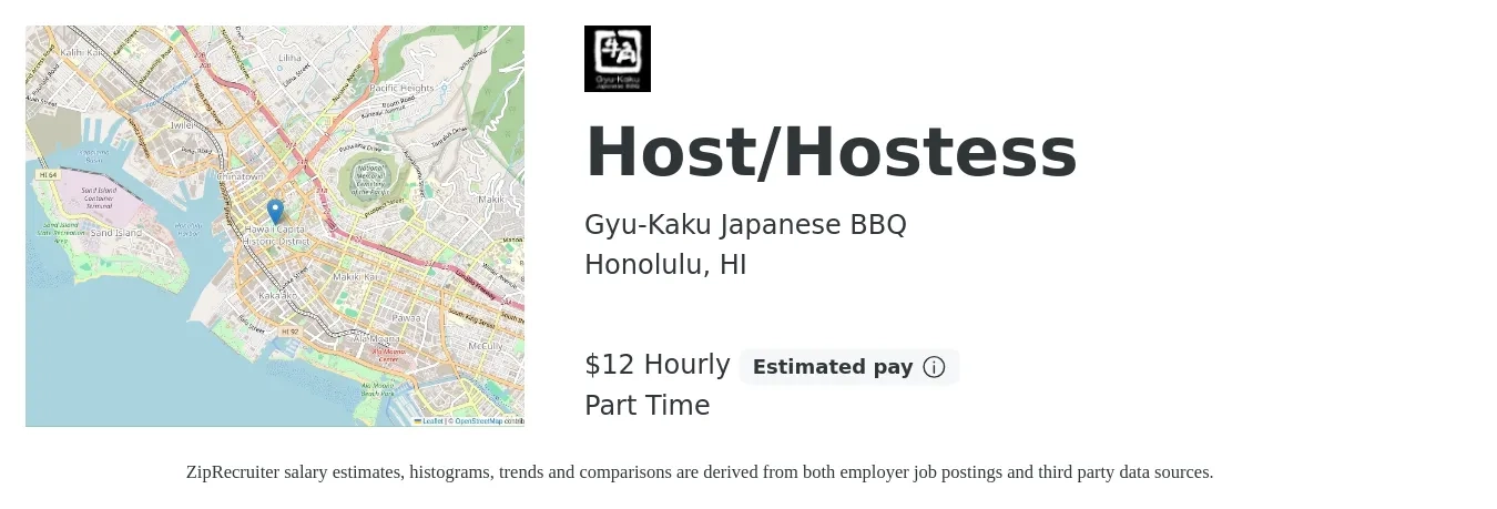 Gyu-Kaku Japanese BBQ job posting for a Host/Hostess in Honolulu, HI with a salary of $13 Hourly with a map of Honolulu location.