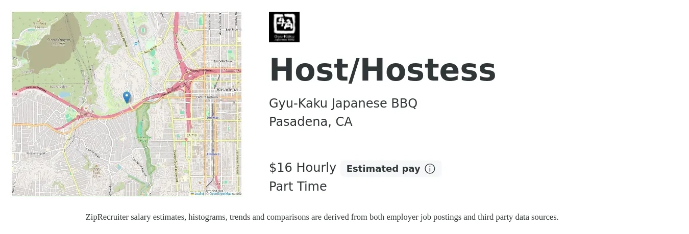 Gyu-Kaku Japanese BBQ job posting for a Host/Hostess in Pasadena, CA with a salary of $17 Hourly with a map of Pasadena location.