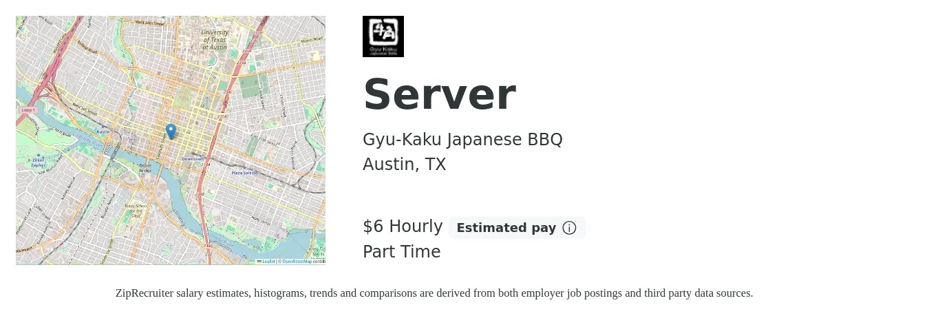 Gyu-Kaku Japanese BBQ job posting for a Server in Austin, TX with a salary of $7 Hourly with a map of Austin location.