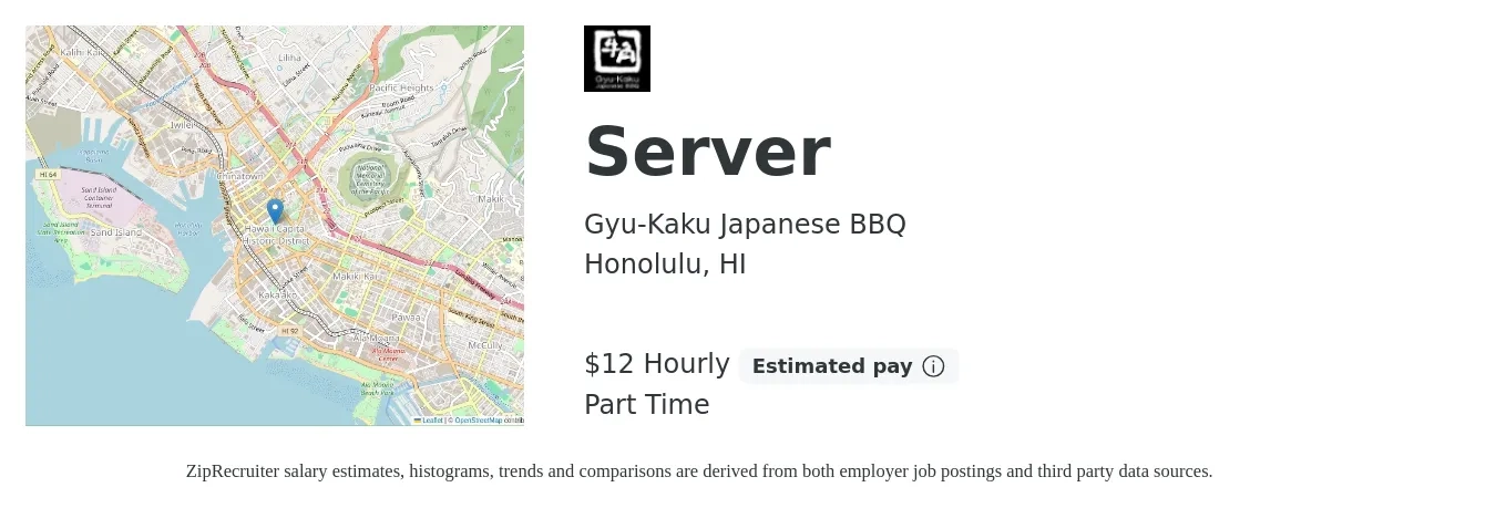 Gyu-Kaku Japanese BBQ job posting for a Server in Honolulu, HI with a salary of $13 Hourly with a map of Honolulu location.