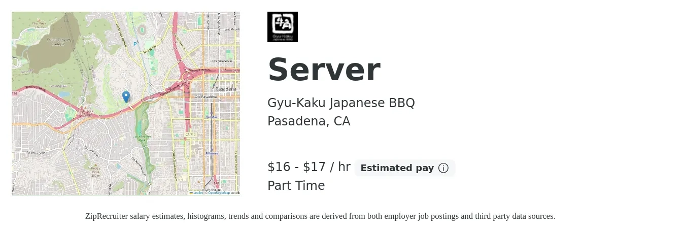 Gyu-Kaku Japanese BBQ job posting for a Server in Pasadena, CA with a salary of $17 to $18 Hourly with a map of Pasadena location.