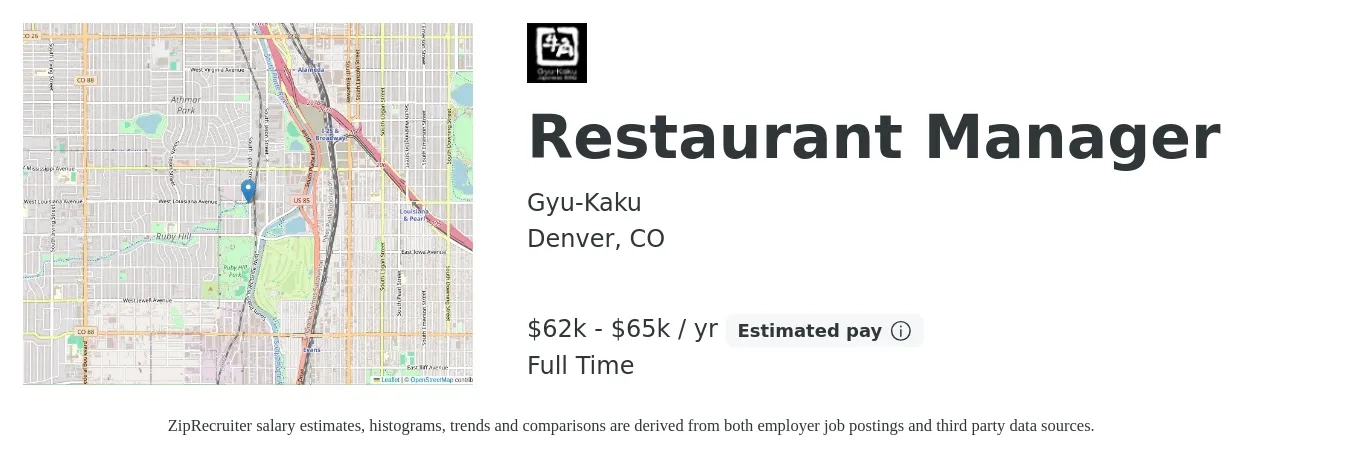 Gyu-Kaku job posting for a Restaurant Manager in Denver, CO with a salary of $62,400 to $65,000 Yearly with a map of Denver location.