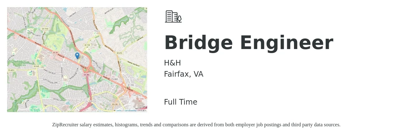 H&H job posting for a Bridge Engineer in Fairfax, VA with a salary of $94,600 to $120,100 Yearly with a map of Fairfax location.