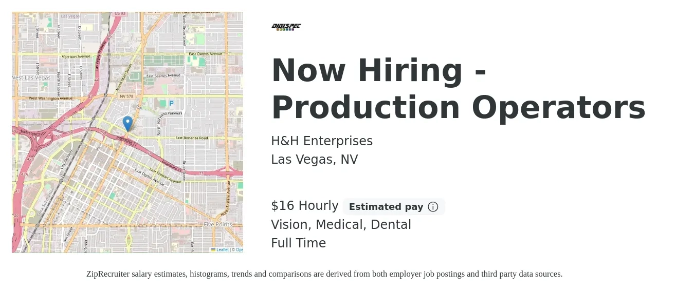 H&H Enterprises job posting for a Now Hiring - Production Operators in Las Vegas, NV with a salary of $17 Hourly and benefits including dental, life_insurance, medical, pto, and vision with a map of Las Vegas location.