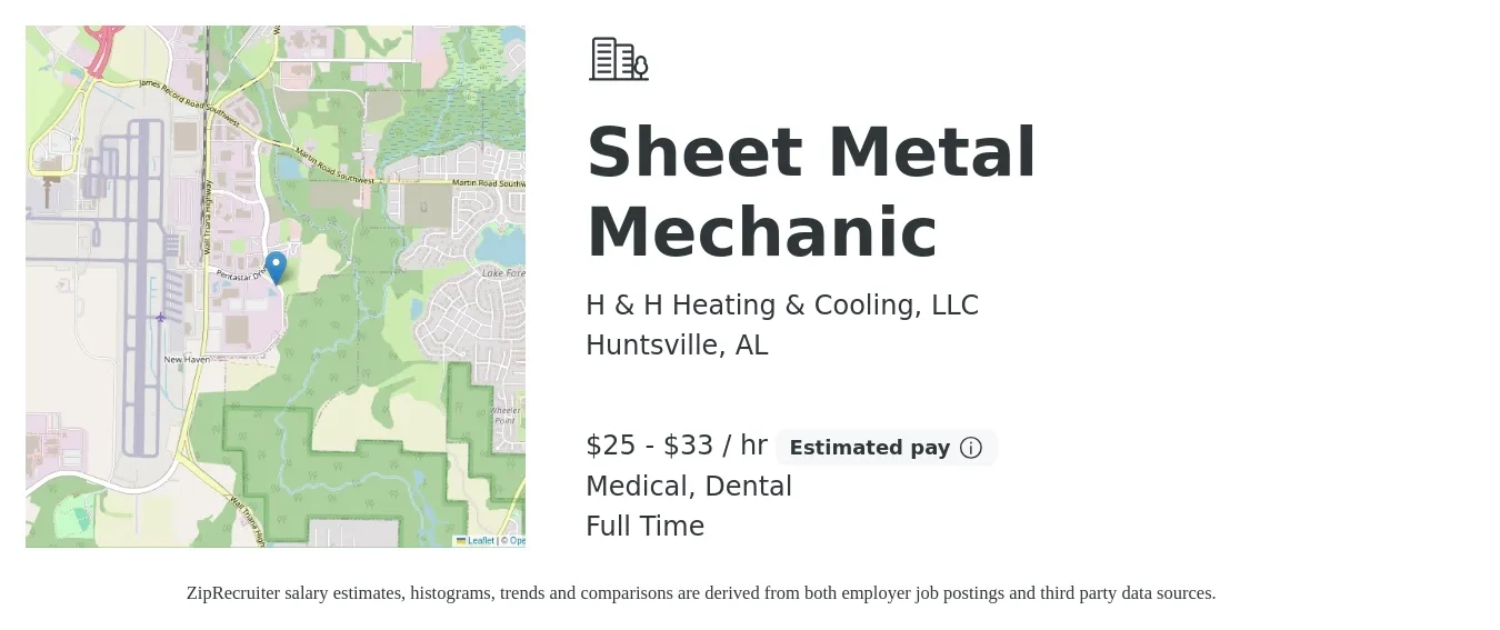 H & H Heating & Cooling, LLC job posting for a Sheet Metal Mechanic in Huntsville, AL with a salary of $26 to $35 Hourly and benefits including dental, medical, and pto with a map of Huntsville location.