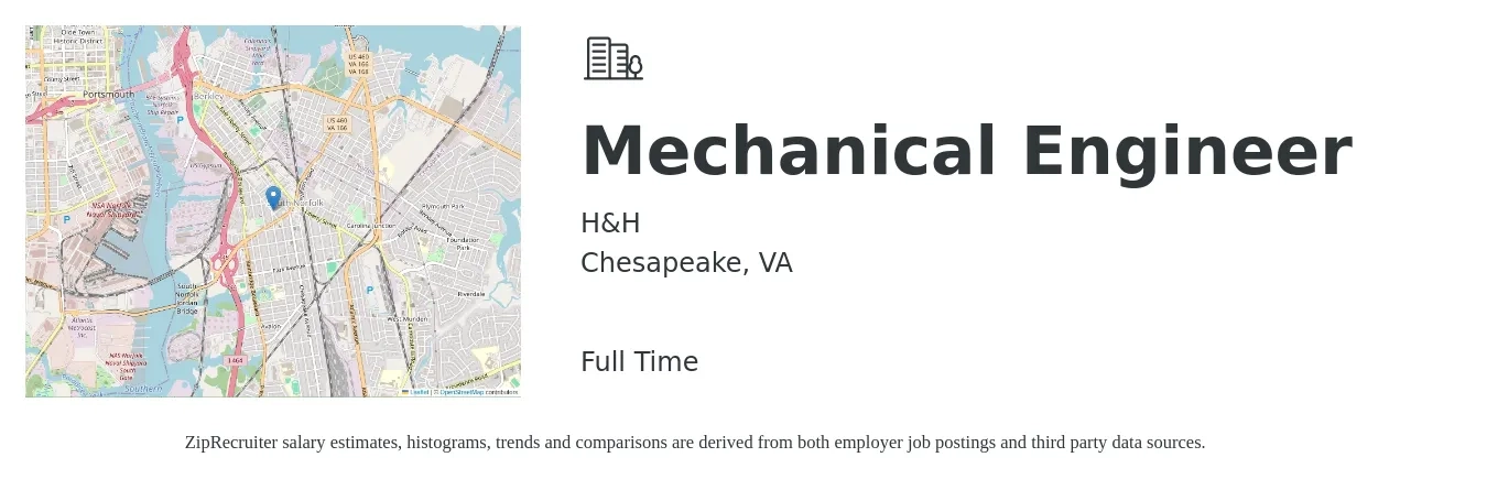 H&H job posting for a Mechanical Engineer in Chesapeake, VA with a salary of $79,200 to $122,900 Yearly with a map of Chesapeake location.