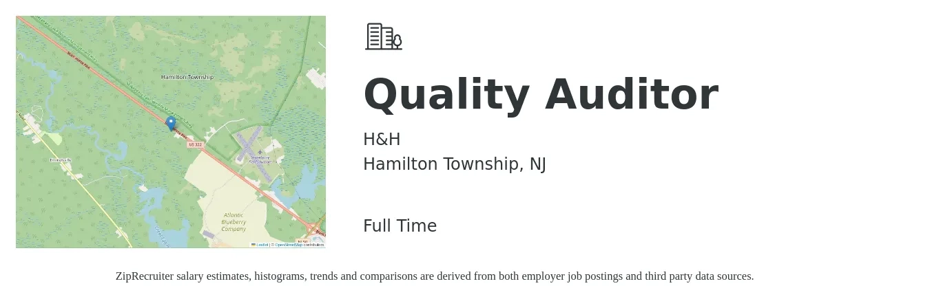 H&H job posting for a Quality Auditor in Hamilton Township, NJ with a salary of $17 to $32 Hourly with a map of Hamilton Township location.
