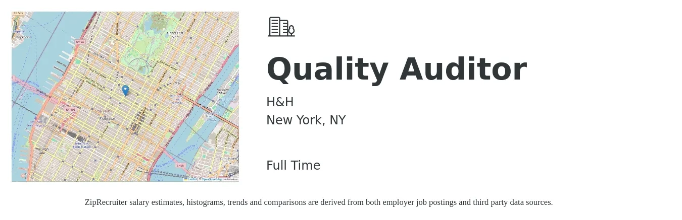 H&H job posting for a Quality Auditor in New York, NY with a salary of $20 to $38 Hourly with a map of New York location.