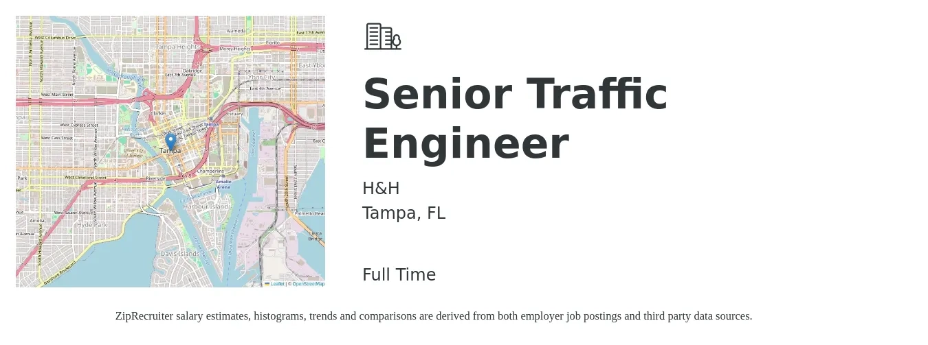 H&H job posting for a Senior Traffic Engineer in Tampa, FL with a salary of $98,800 to $135,600 Yearly with a map of Tampa location.