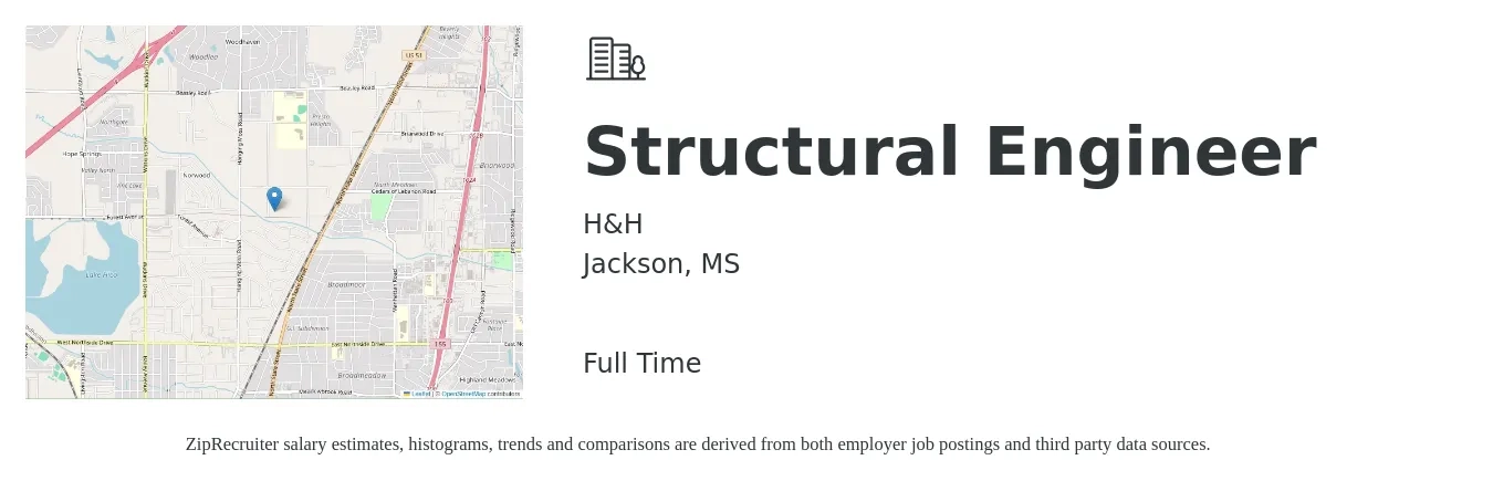 H&H job posting for a Structural Engineer in Jackson, MS with a salary of $69,700 to $98,500 Yearly with a map of Jackson location.