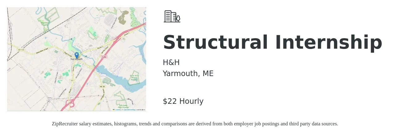 H&H job posting for a Structural Internship in Yarmouth, ME with a salary of $23 Hourly with a map of Yarmouth location.