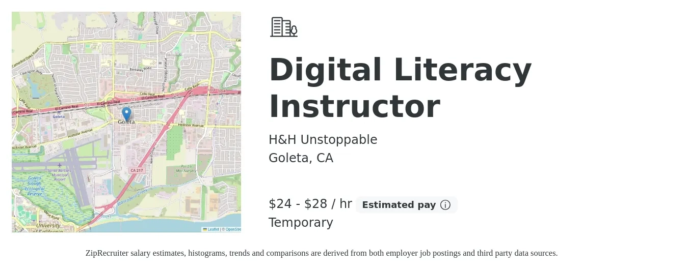 H&H Unstoppable job posting for a Digital Literacy Instructor in Goleta, CA with a salary of $25 to $30 Hourly with a map of Goleta location.