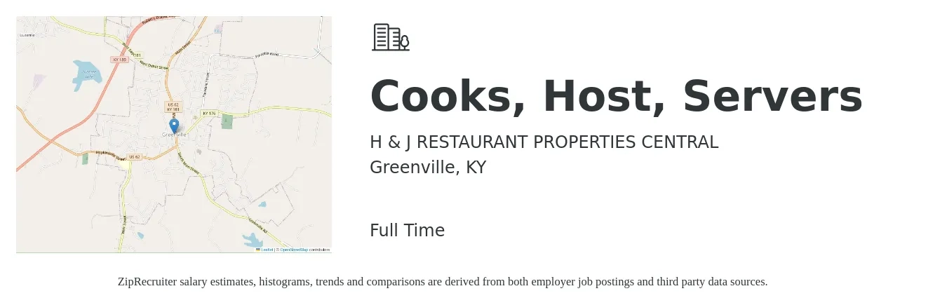 H & J RESTAURANT PROPERTIES CENTRAL job posting for a Cooks, Host, Servers in Greenville, KY with a salary of $10 to $14 Hourly with a map of Greenville location.