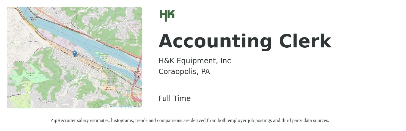 H&K Equipment, Inc job posting for a Accounting Clerk in Coraopolis, PA with a salary of $18 to $23 Hourly with a map of Coraopolis location.