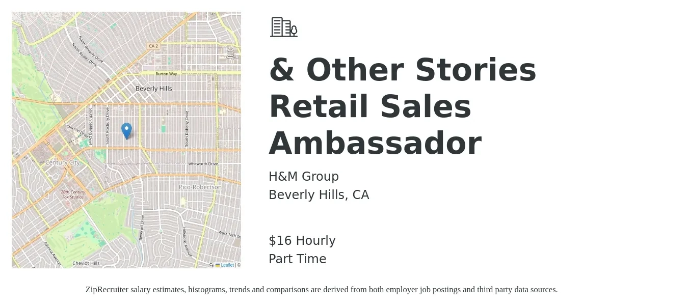 H&M Group job posting for a & Other Stories Retail Sales Ambassador in Beverly Hills, CA with a salary of $18 Hourly with a map of Beverly Hills location.