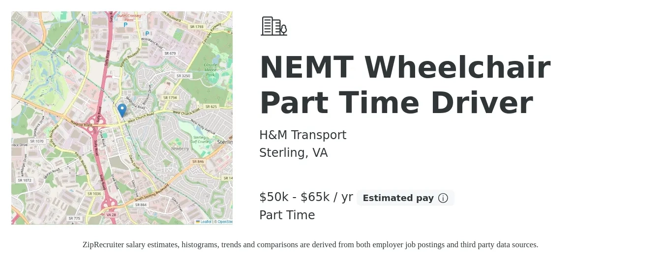 H&M Transport job posting for a NEMT Wheelchair Part Time Driver in Sterling, VA with a salary of $50,000 to $65,000 Yearly with a map of Sterling location.