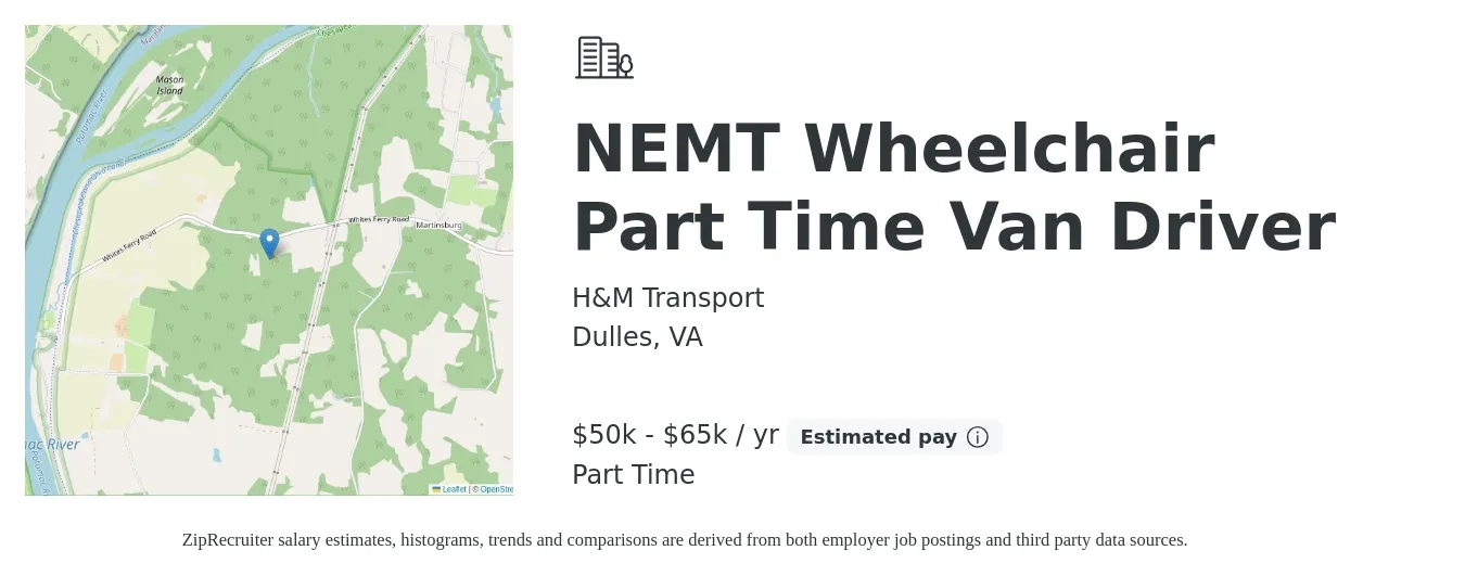 H&M Transport job posting for a NEMT Wheelchair Part Time Van Driver in Dulles, VA with a salary of $50,000 to $65,000 Yearly with a map of Dulles location.