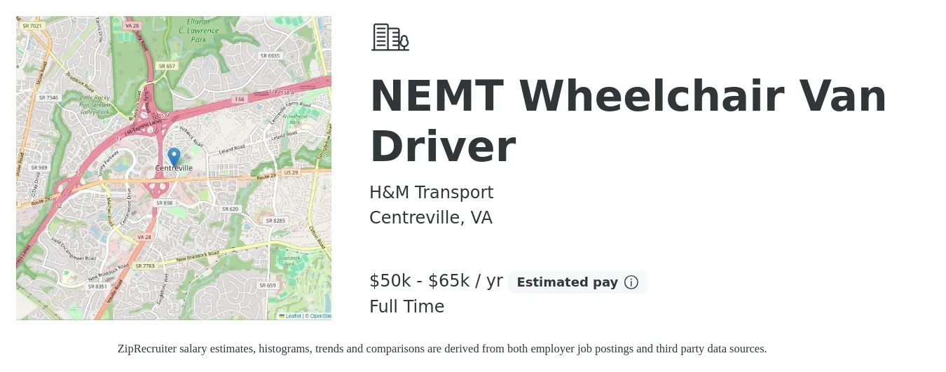 H&M Transport job posting for a NEMT Wheelchair Van Driver in Centreville, VA with a salary of $50,000 to $65,000 Yearly with a map of Centreville location.