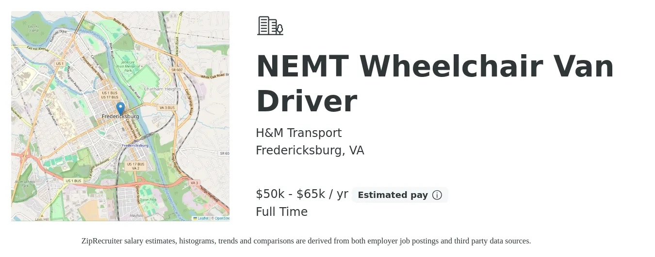 H&M Transport job posting for a NEMT Wheelchair Van Driver in Fredericksburg, VA with a salary of $50,000 to $65,000 Yearly with a map of Fredericksburg location.