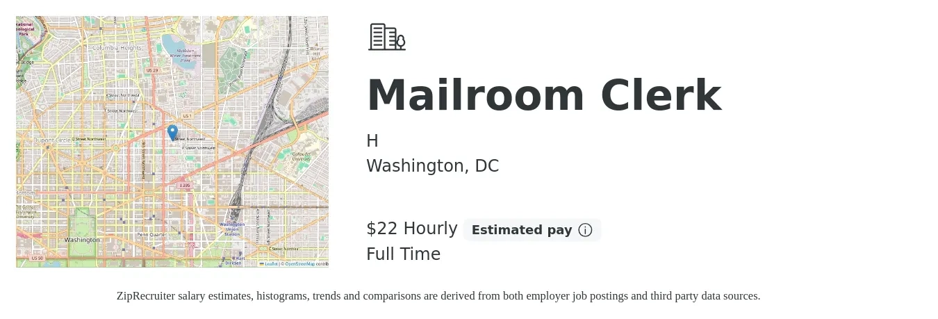 H job posting for a Mailroom Clerk in Washington, DC with a salary of $23 Hourly with a map of Washington location.