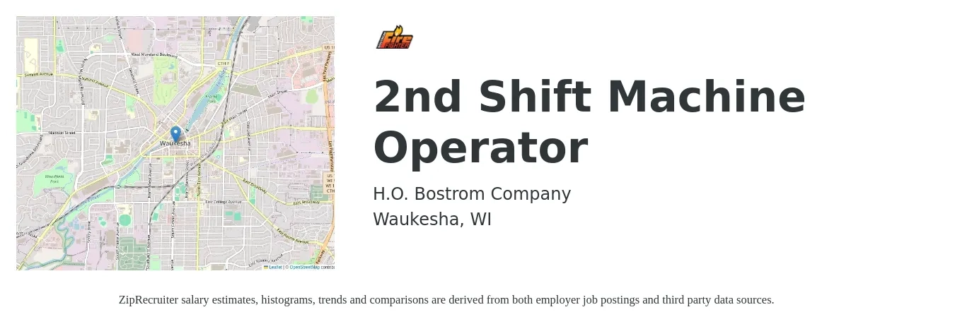 H O BOSTROM CO INC job posting for a 2nd Shift Machine Operator in Waukesha, WI with a salary of $17 to $21 Hourly with a map of Waukesha location.