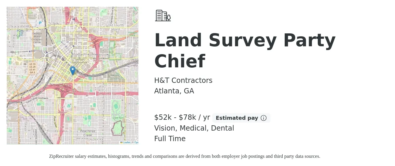 H&T Contractors job posting for a Land Survey Party Chief in Atlanta, GA with a salary of $52,000 to $78,000 Yearly and benefits including medical, retirement, vision, and dental with a map of Atlanta location.