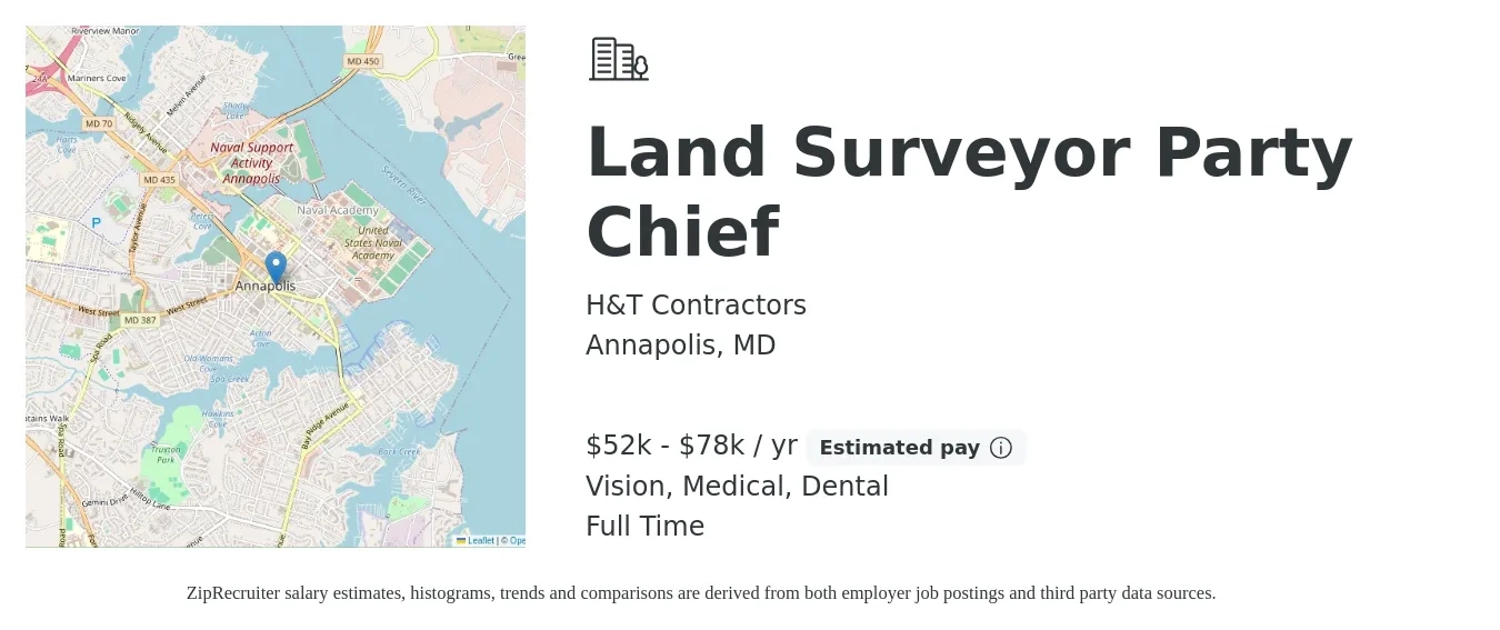 H&T Contractors job posting for a Land Surveyor Party Chief in Annapolis, MD with a salary of $52,000 to $78,000 Yearly and benefits including dental, medical, retirement, and vision with a map of Annapolis location.