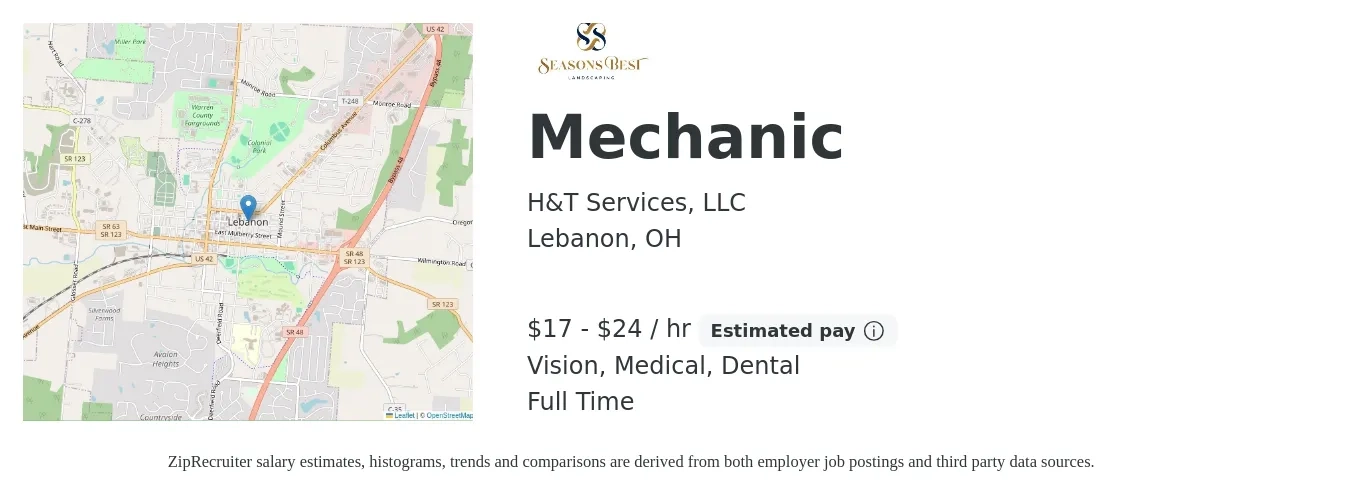 H&T Services, LLC job posting for a Mechanic in Lebanon, OH with a salary of $18 to $25 Hourly and benefits including dental, life_insurance, medical, retirement, and vision with a map of Lebanon location.