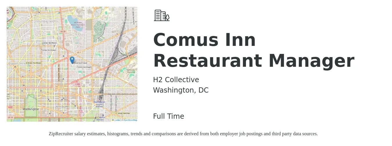 H2 Collective job posting for a Comus Inn Restaurant Manager in Washington, DC with a salary of $50,800 to $71,600 Yearly with a map of Washington location.