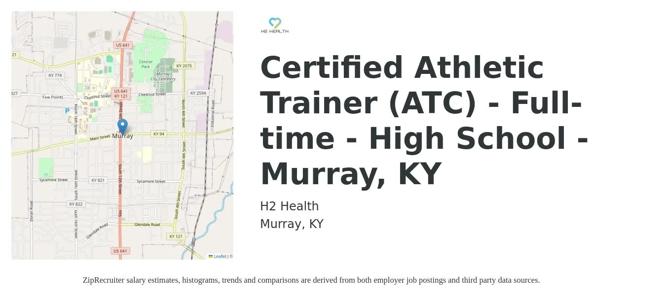H2 Health job posting for a Certified Athletic Trainer (ATC) - Full-time - High School - Murray, KY in Murray, KY with a salary of $12 to $23 Hourly with a map of Murray location.