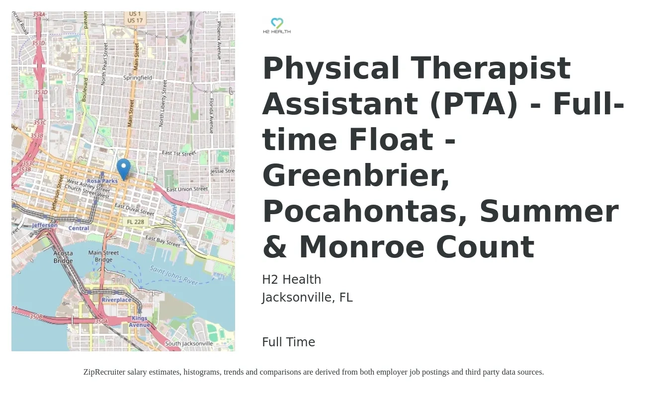 H2 Health job posting for a Physical Therapist Assistant (PTA) - Full-time Float - Greenbrier, Pocahontas, Summer & Monroe Count in Jacksonville, FL with a salary of $26 to $34 Hourly with a map of Jacksonville location.