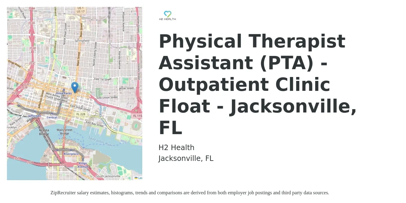 H2 Health job posting for a Physical Therapist Assistant (PTA) - Outpatient Clinic Float - Jacksonville, FL in Jacksonville, FL with a salary of $26 to $34 Hourly with a map of Jacksonville location.