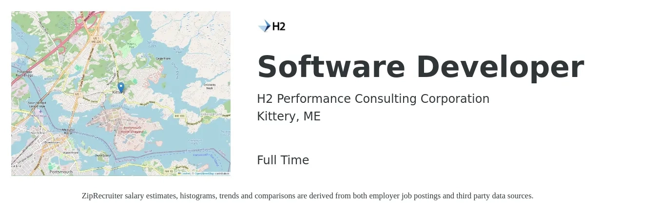 H2 Performance Consulting Corporation job posting for a Software Developer in Kittery, ME with a salary of $91,600 to $132,400 Yearly with a map of Kittery location.