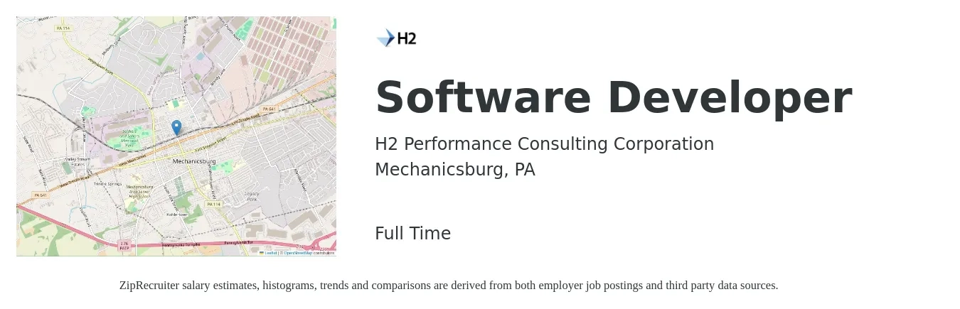 H2 Performance Consulting Corporation job posting for a Software Developer in Mechanicsburg, PA with a salary of $85,300 to $123,200 Yearly with a map of Mechanicsburg location.