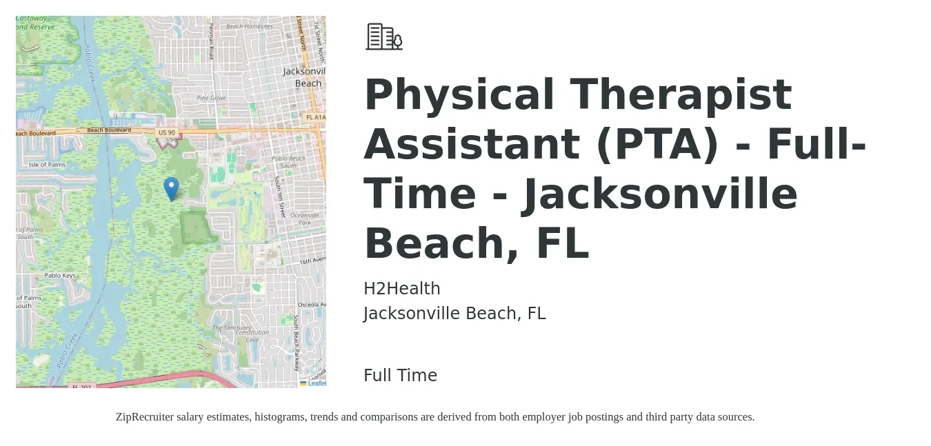 H2 Health job posting for a Physical Therapist Assistant (PTA) - Full-Time - Jacksonville Beach, FL in Jacksonville Beach, FL with a salary of $25 to $33 Hourly with a map of Jacksonville Beach location.