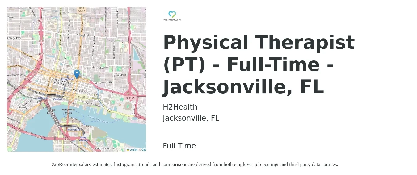 H2 Health job posting for a Physical Therapist (PT) - Full-Time - Jacksonville, FL in Jacksonville, FL with a salary of $1,510 to $1,950 Weekly with a map of Jacksonville location.